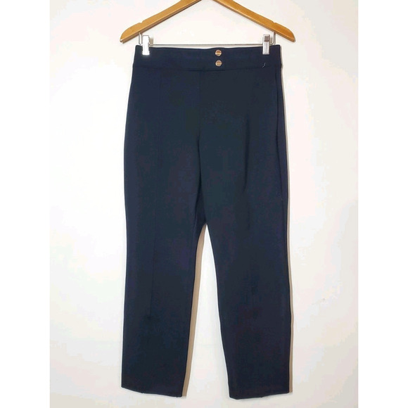 SPANX Ponte Tab Front Ankle Straight Pants Womens Medium BLACK Gold Buttons - Picture 2 of 14